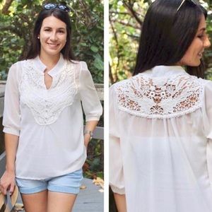 Sheer White Blouse With Lace Detail Size S Button Accents Cool & Lightweight Top